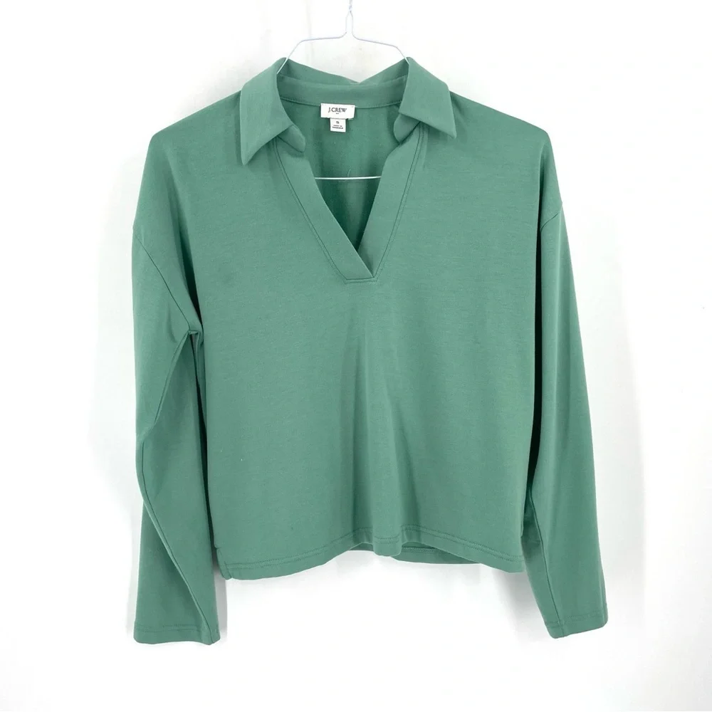 J. Crew Rugby Green Long Sleeve Collared VNeck Lightweight Sweater Top